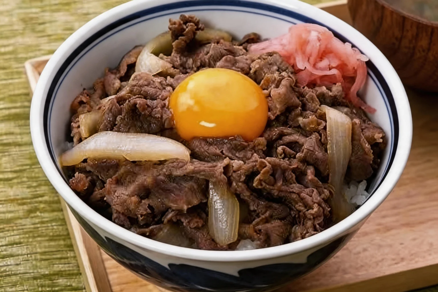 Bol de bœuf, oignon et œuf sur riz, plateau en bois et bol de soupe en bois.