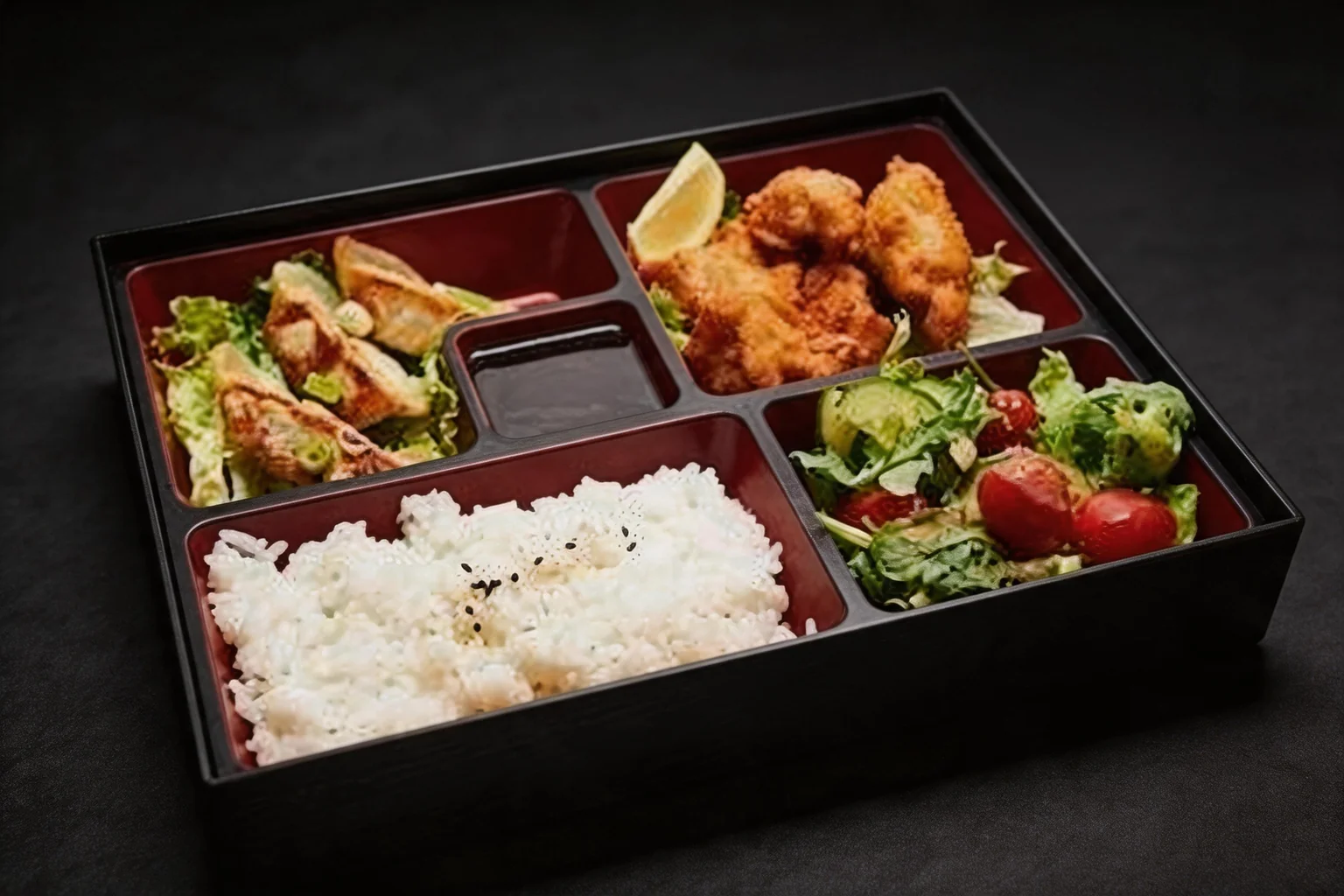B1 dans une boîte à bento noire et rouge, fond sombre.