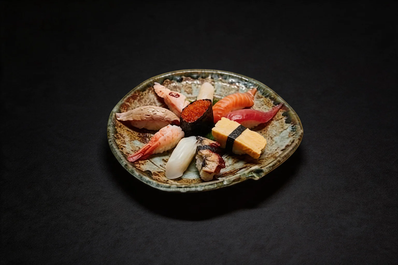 Formule sushi : sushis sur une assiette ronde en céramique, fond sombre.